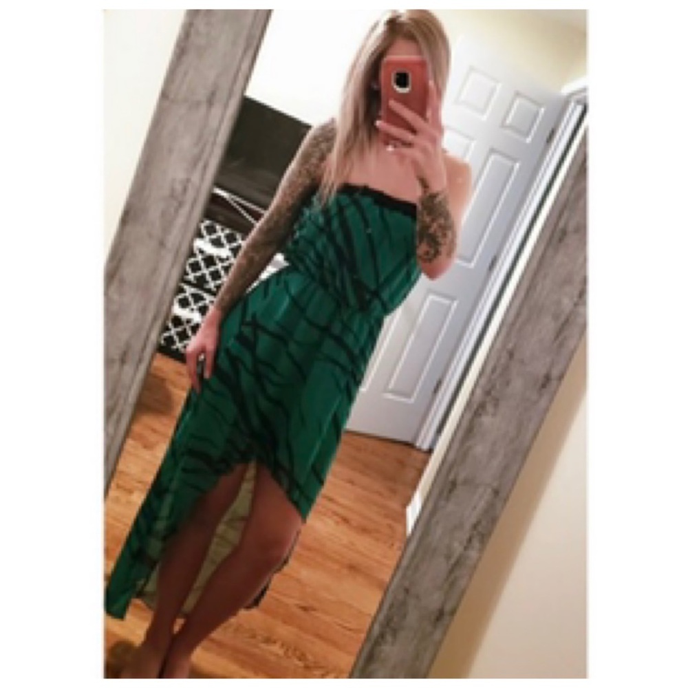 Green with black stripes high low dress.